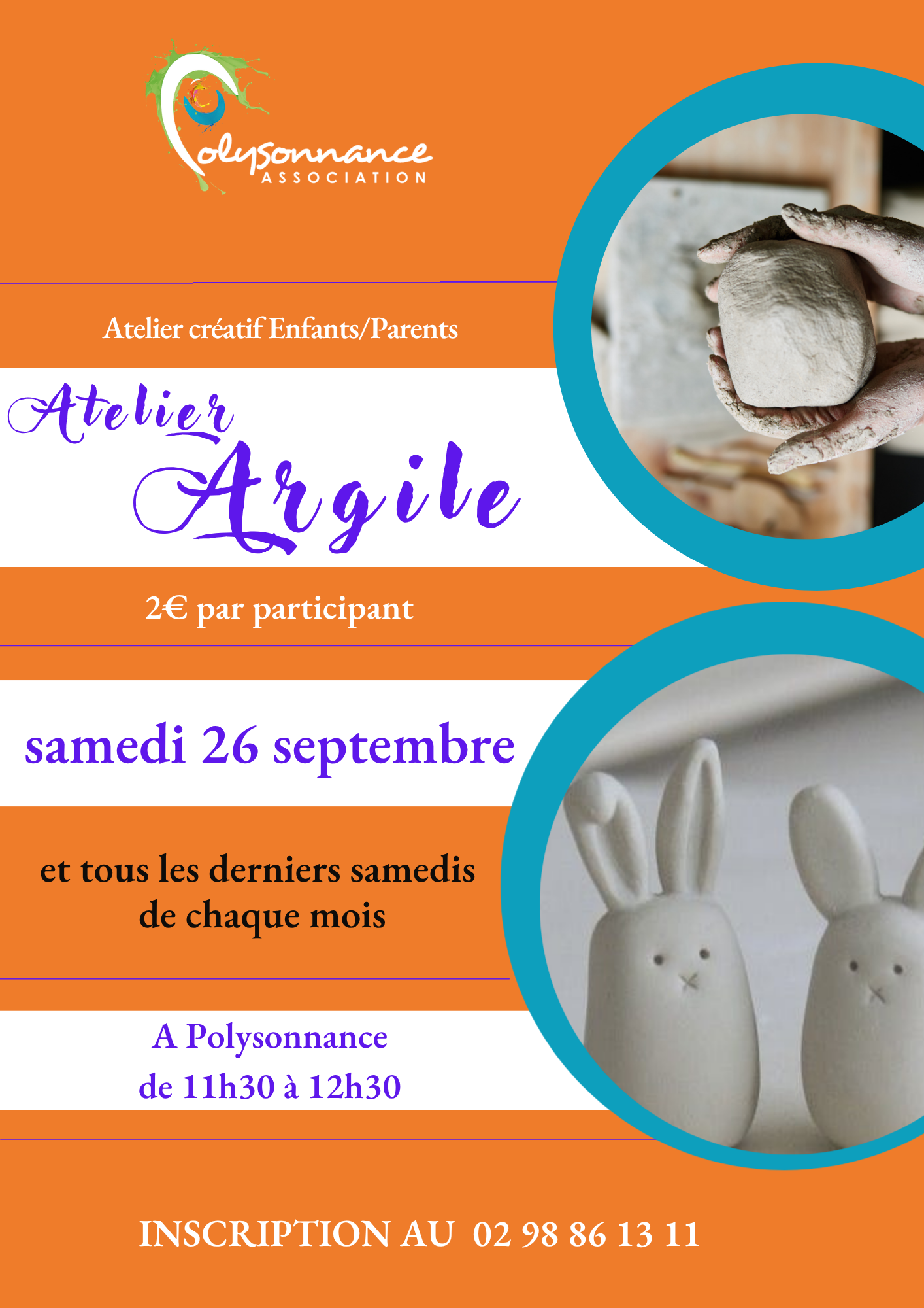 Les ateliers Argile sont ouverts aux enfants et parents tous les derniers samedis de chaque mois. Prochain rendez-vous le samedi 26 septembre de 11h30 à 12h30. Seulement 2€ par participant (+adhésion à Poly). Sur inscription au 02 98 86 13 11