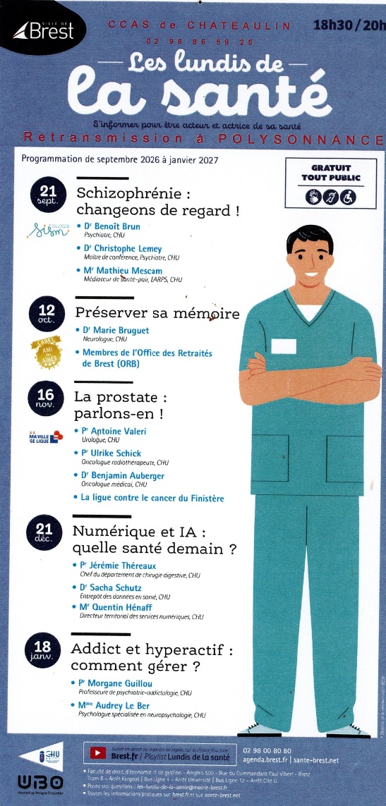 Nouveau RDV des Lundis de la Santé, le 12 octobre à 18h30 en retransmission à Polysonnance suivi d&rsquo;un jeu de mémoire. Info: 02 98 86 13 11