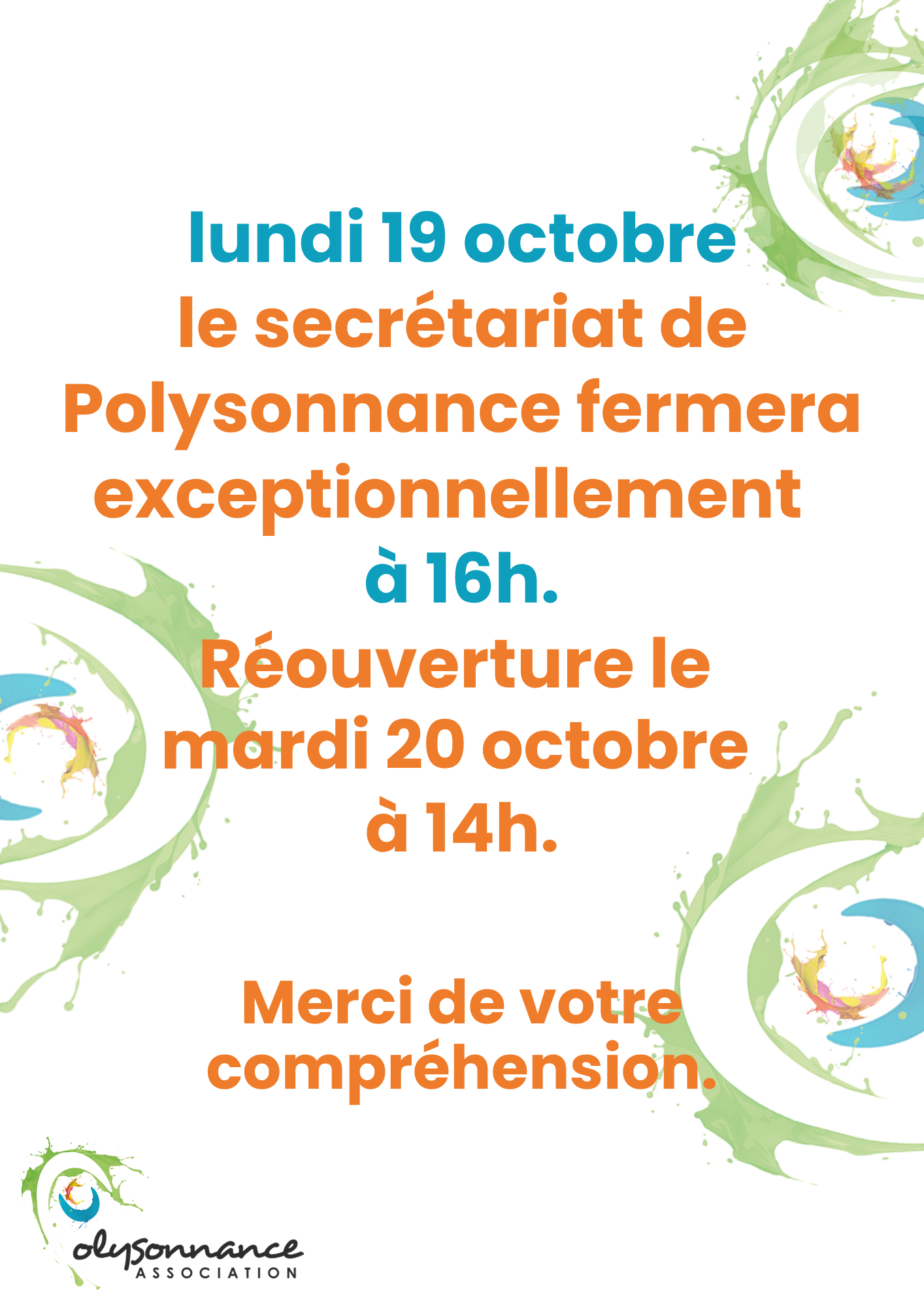 Fermeture exceptionnelle de Polysonnance ce lundi 19 octobre à 16h!